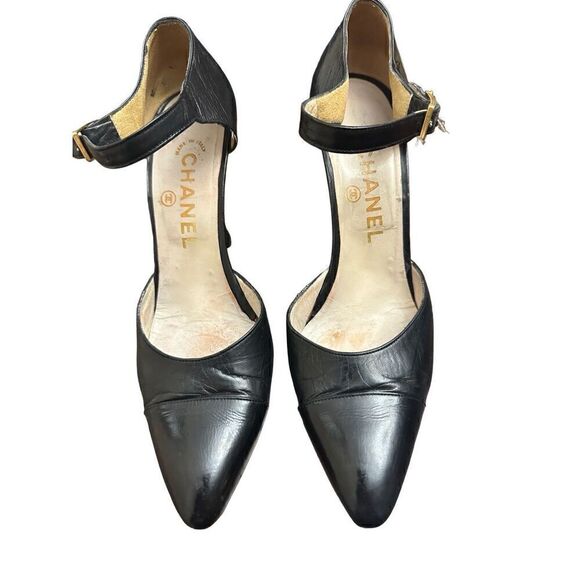 Chanel - Black Leather Strap Heels Sz37 1//2 US 7 - Picture 1 of 8